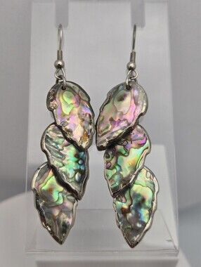 Vintage Style Abalone Shell Leaf Drop Earrings Iridescent Cluster Dangles 2.5”